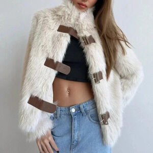 Apricot Casual Women's Stand Collar Fitted Long Sleeve Fluffy Button Jacket